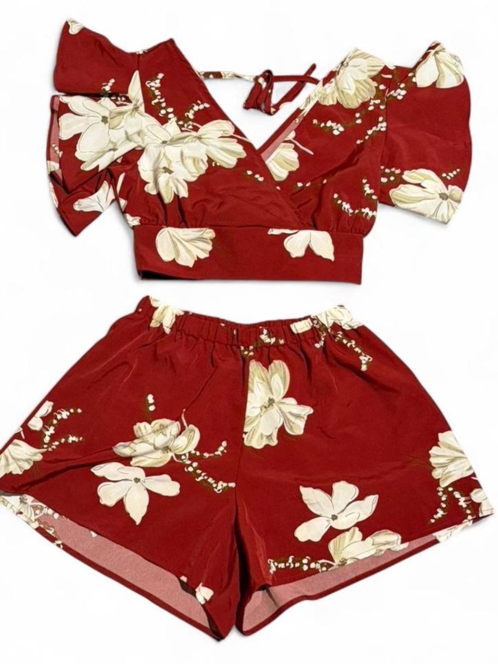 SHEIN Burgundy Floral Crop Top & Shorts Set